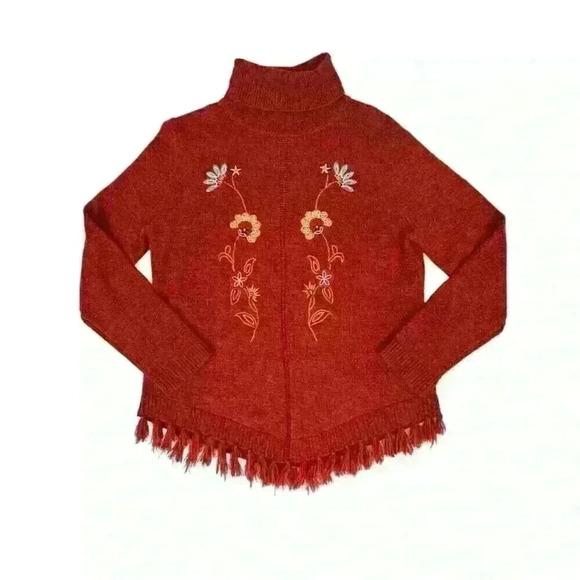Denim Moves Womens Med Red Sweater Turtle Neck Floral Embroidery Fringe Hem - Picture 1 of 11
